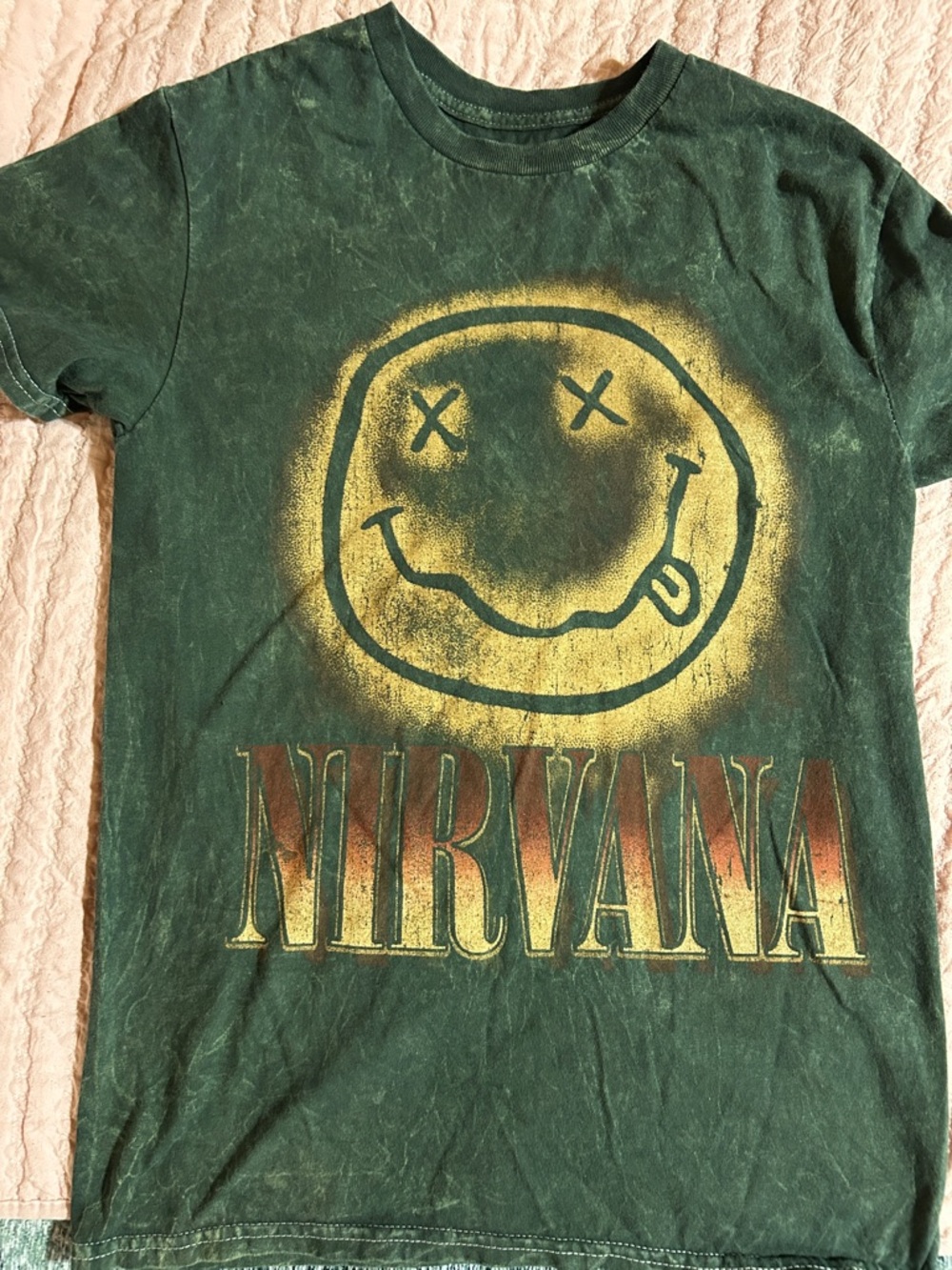 NIRVANA Green Tee with Yellow Smiley Graphic
